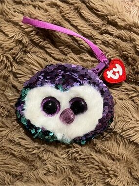Ty Purple Sequin Owl Wristlet Coin Pouch